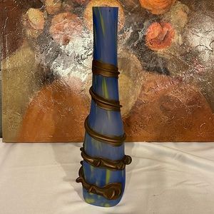 Handmade Blown Glass Vase Engraved with Metal Blue Green Vintage
